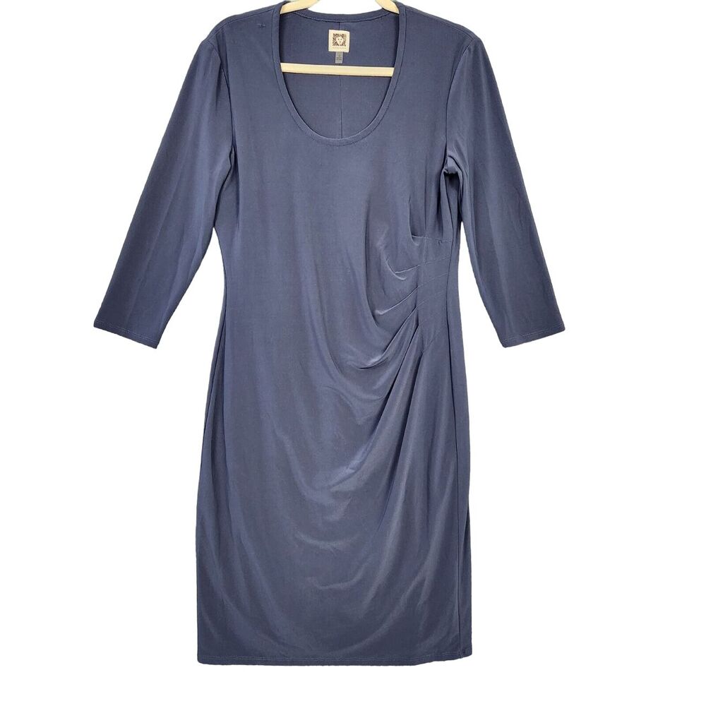 ANNE KLEIN Blue Slinky Travel Knit Pleat Front Dress Minimalist Capsule SIZE 12
